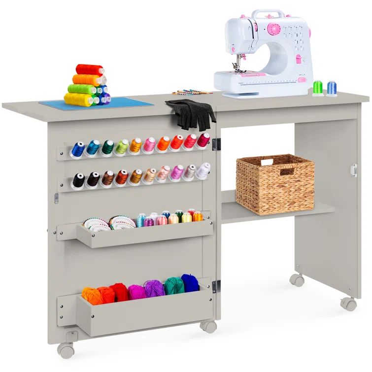 Gray Folding Sewing Table with Storage and Wheels
