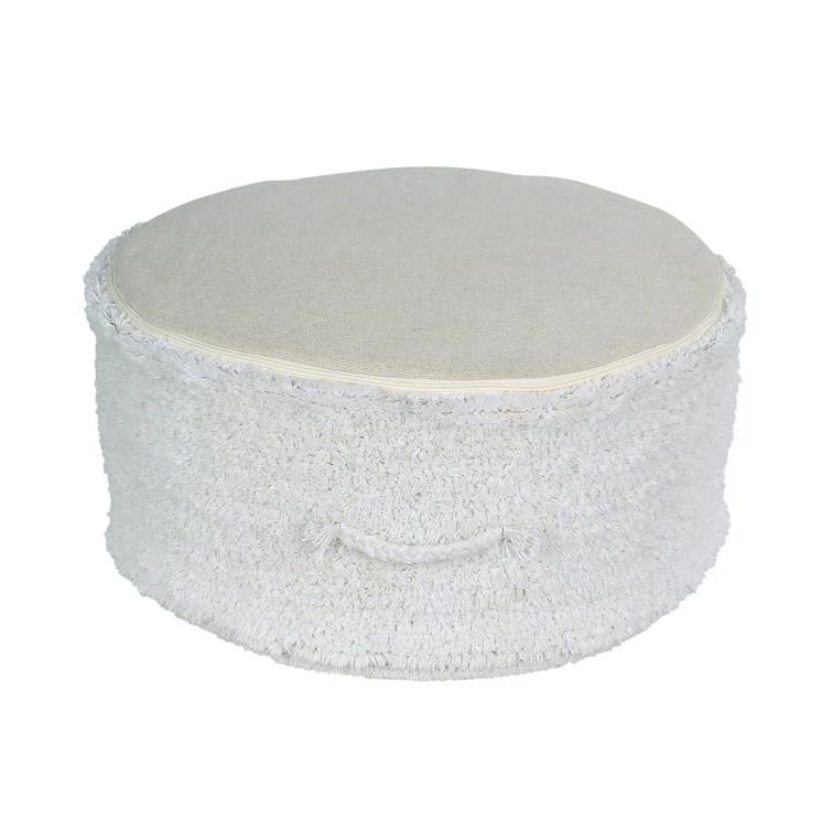 Ivory White Cotton Round Pouf Ottoman