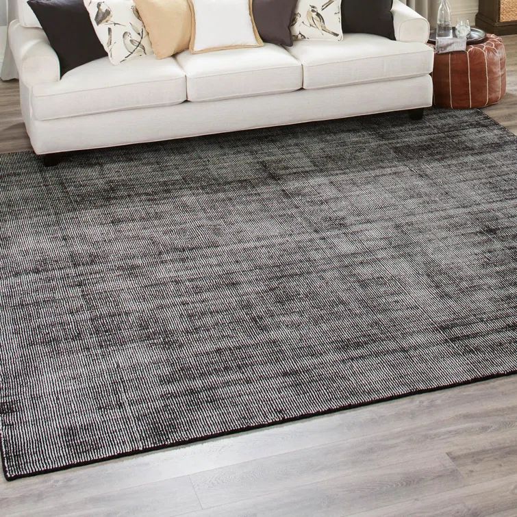 Hand-Knotted Square Black and Ivory Wool Rug