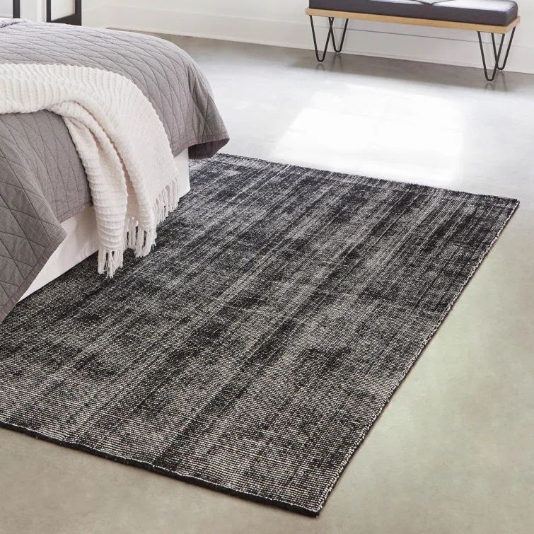 Hand-Knotted Ivory and Black Wool Rectangular Area Rug