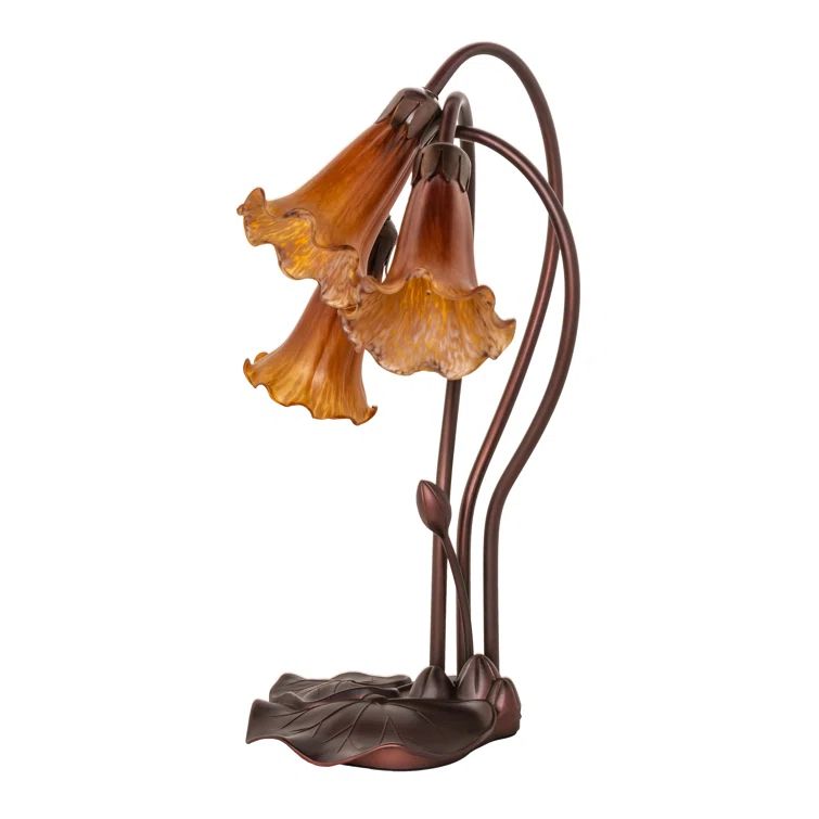 Amber Stained Glass Bronze Table Lamp with Floral Design