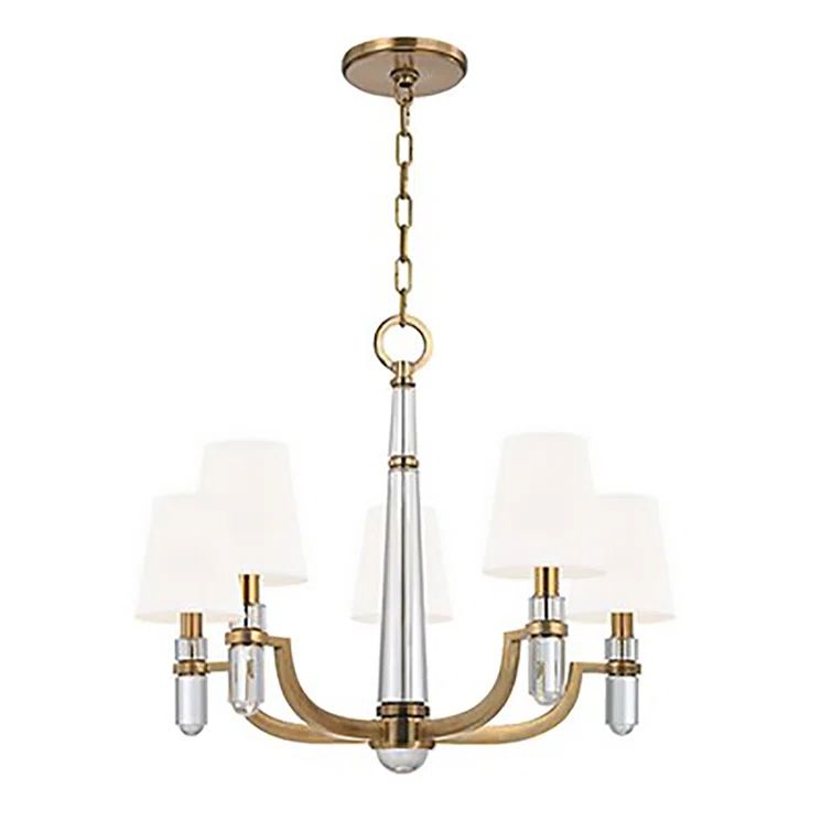 Elegant Aged Brass 5-Light Chandelier with White Faux Silk Shades