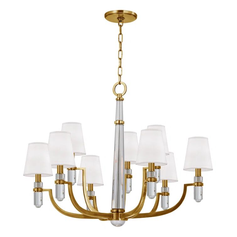 Aged Brass and Crystal 9-Light Chandelier with Faux Silk Shades