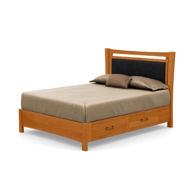 Full Natural Cherry Wood Upholstered Storage Bed with Onyx Headboard