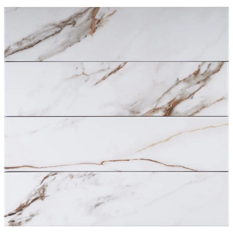 Gold and White Porcelain Marble Look Subway Tile, 3x13