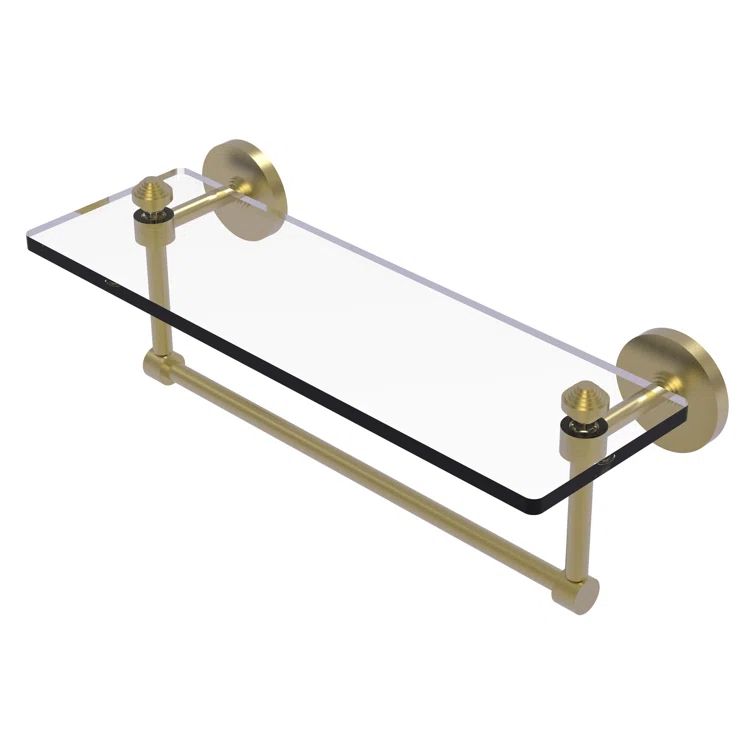 16" Satin Brass and Glass Wall Shelf with Towel Bar
