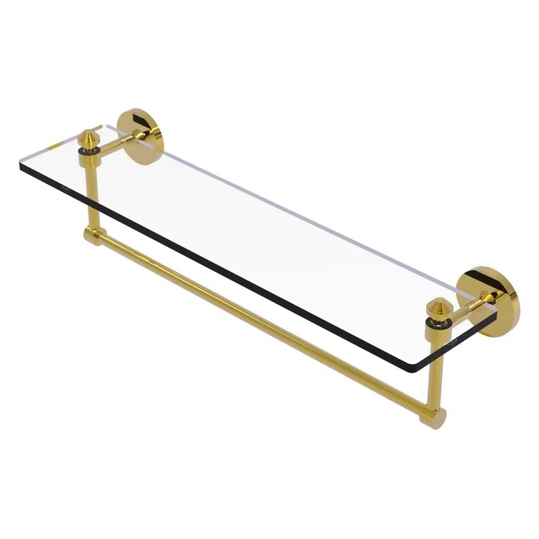 22" Polished Brass and Glass Wall Shelf with Towel Bar