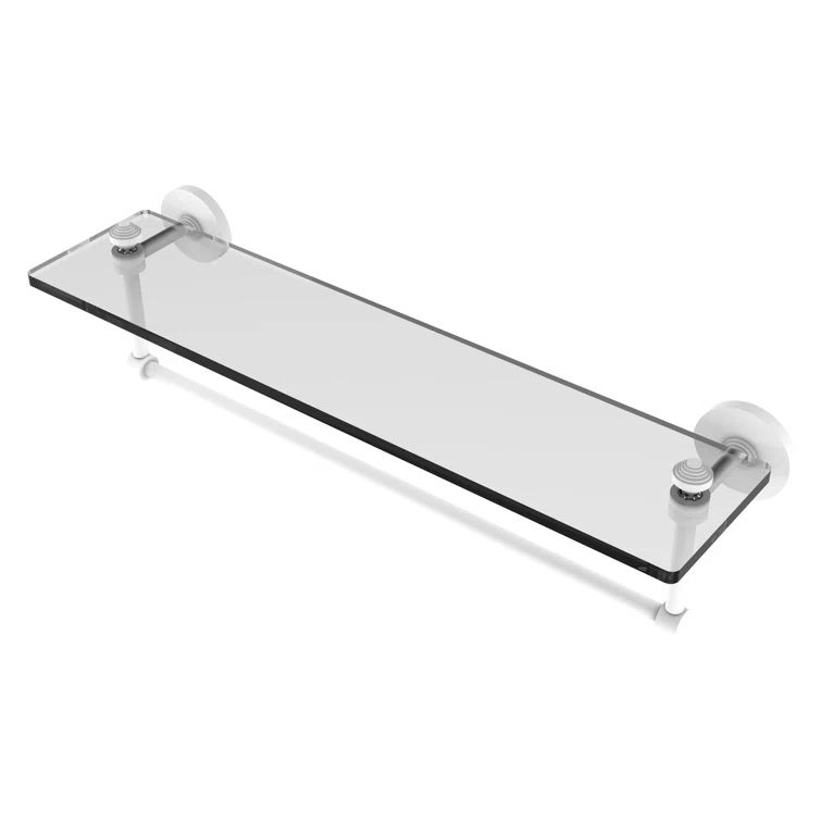 Matte White Glass and Wood Bathroom Shelf with Towel Bar