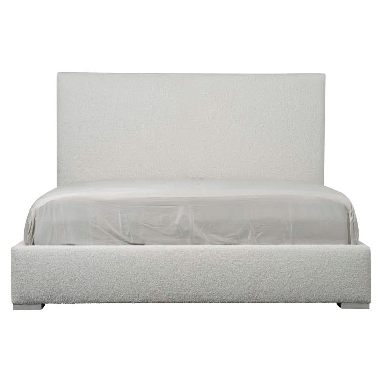 Transitional Gray California King Upholstered Panel Bed with Slats