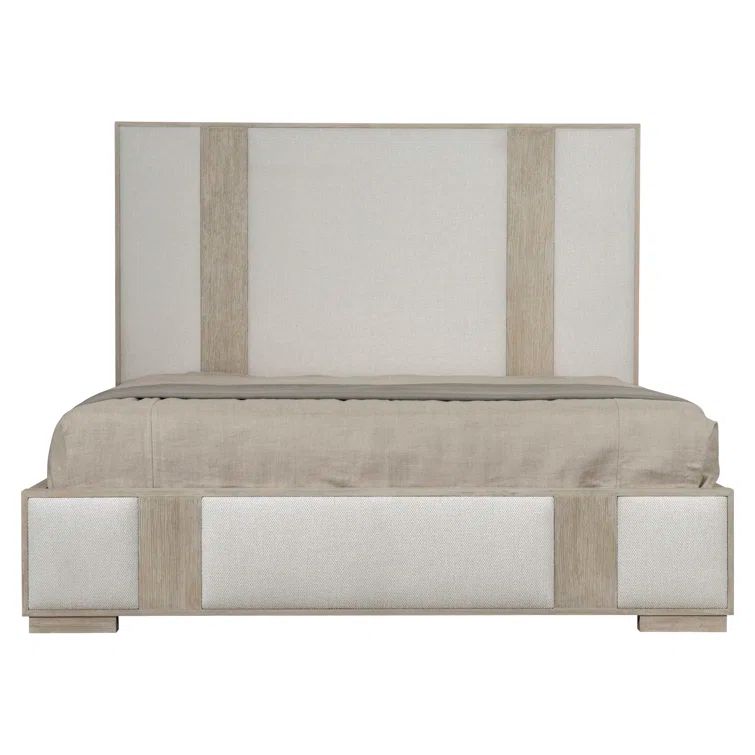 Transitional Dune and Ivory Queen Upholstered Bed with Geometric Headboard