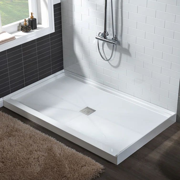 60" x 36" White Rectangular Shower Pan with Brushed Nickel Drain