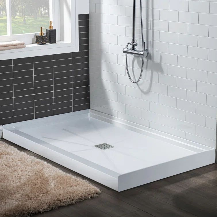 36" White Rectangular Shower Pan Base with Brushed Nickel Drain