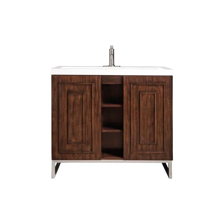 Mid-Century Dark Wood Wall-Mount Vanity with Mineral Composite Sink