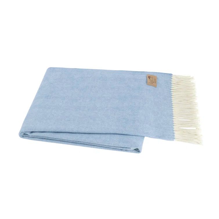 Blue Denim Italian Herringbone Throw Blanket with Fringe