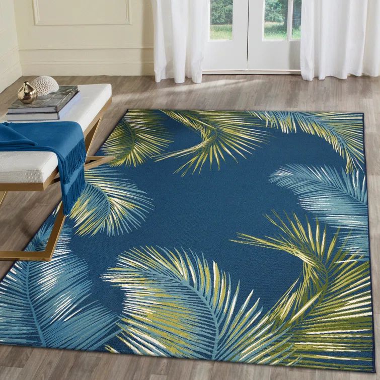 Navy and Aqua Tropical Palm Border Rectangular Rug