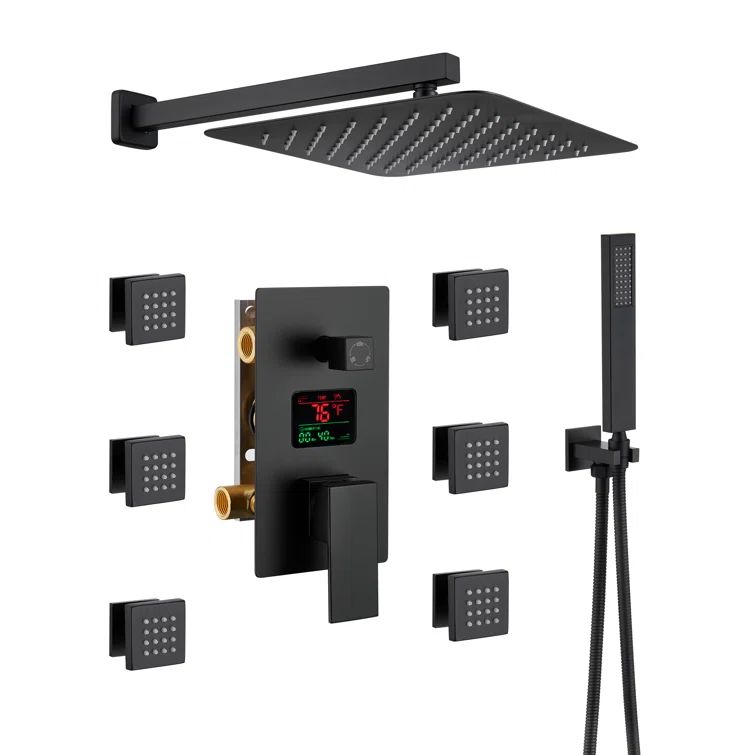 Matte Black Wall Mounted Shower System with Digital Display and Body Jets