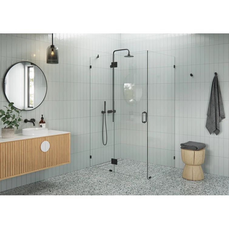 Matte Black Frameless Glass Hinged Shower Enclosure, 78" x 54.5"