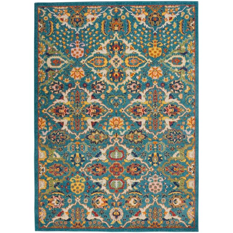 Turquoise Ivory Floral Easy-Care Synthetic 6' x 9' Area Rug
