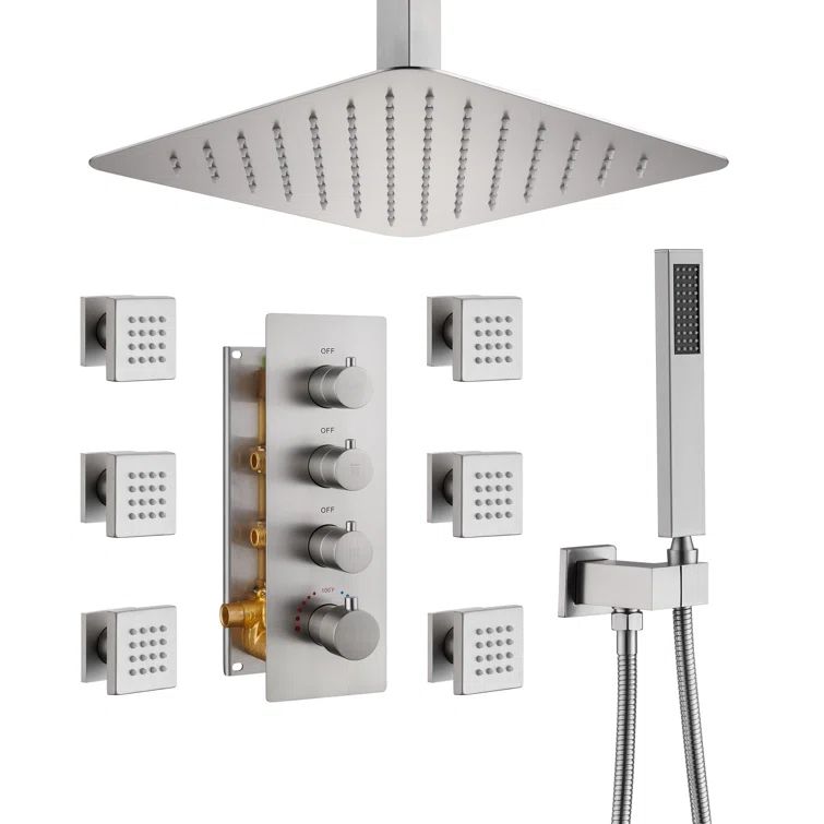 Brushed Nickel Ceiling Mounted Rain Shower System with Handheld and Body Jets