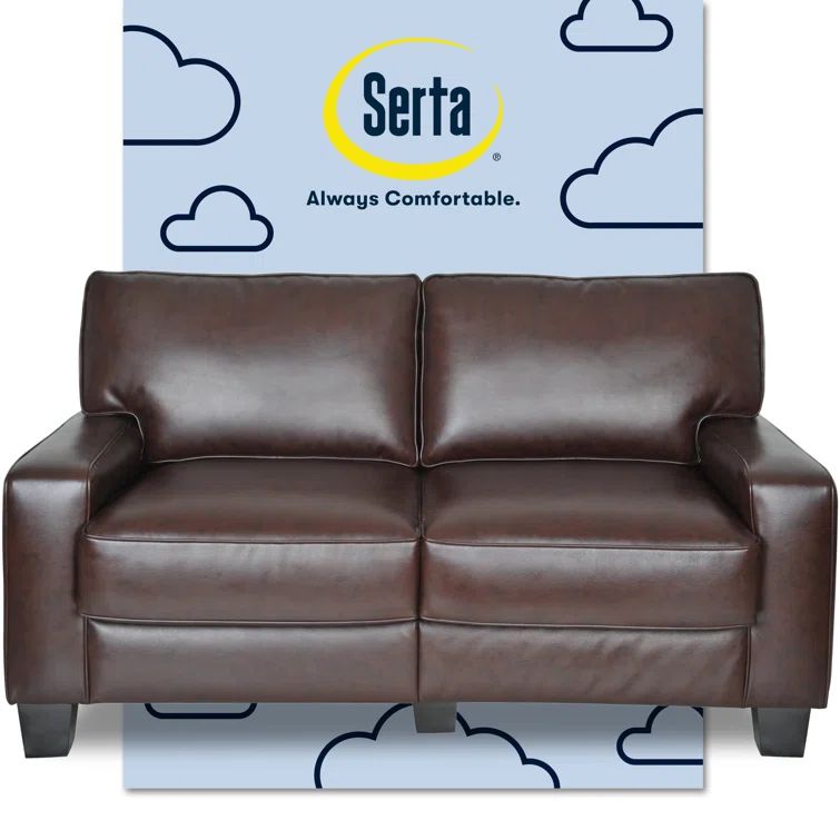 Chestnut Brown Leather 61" Loveseat with Pillow Back and Wood Accents