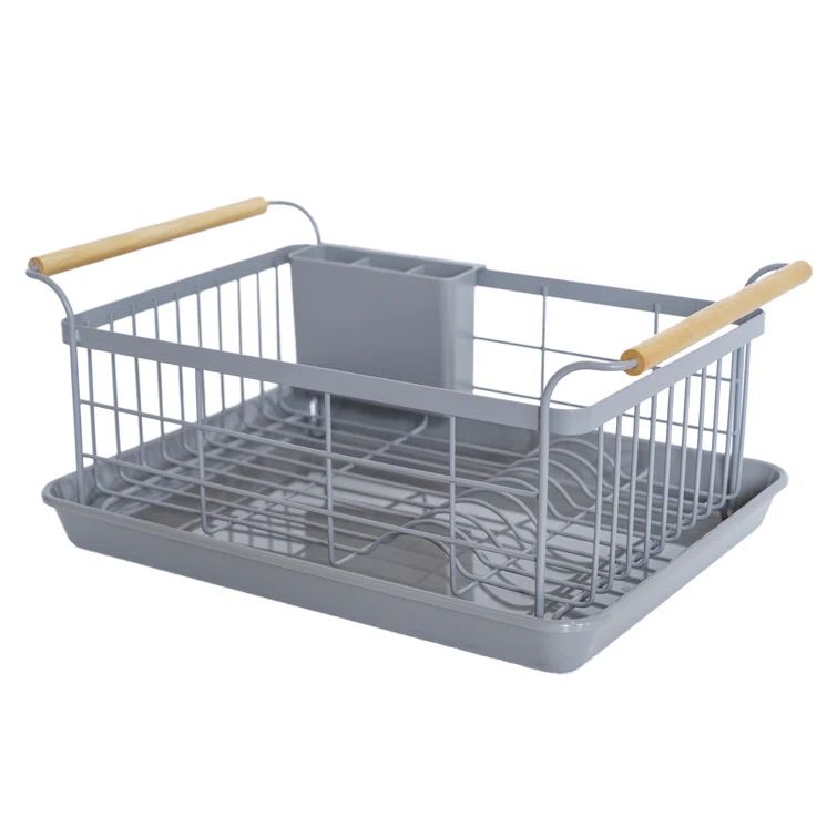Gray Steel Dish Drainer Rack with Wood Handles and Utensil Cup