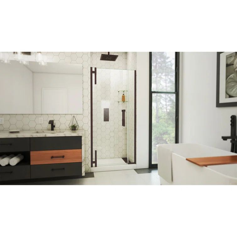 Ascend Frameless Pivot Shower Door with Clear Glass and Bronze Hardware
