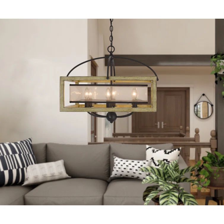 Palencia Oak and Black Square Chandelier with Organza Shade