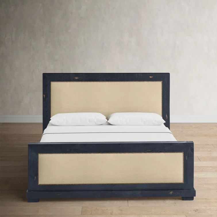 Rustic Pine Queen Upholstered Bed with Linen Nailhead Trim