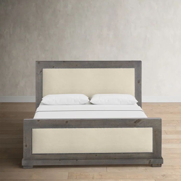 Transitional Beige & Gray Queen Upholstered Bed with Nailhead Trim