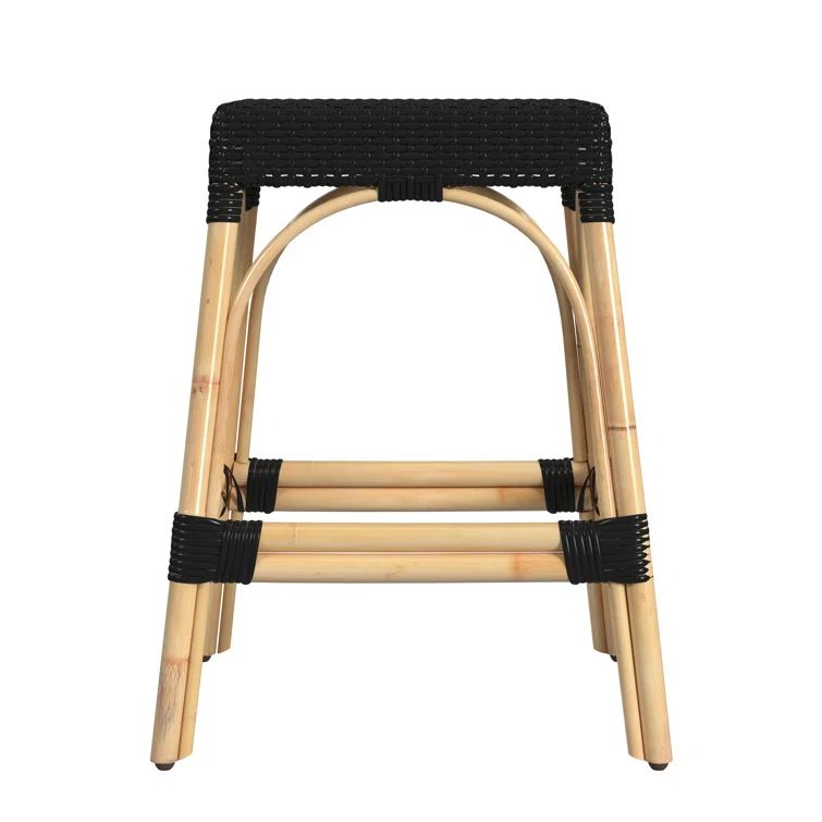 Black and Natural Rattan Backless Counter Stool with Wooden Footrest