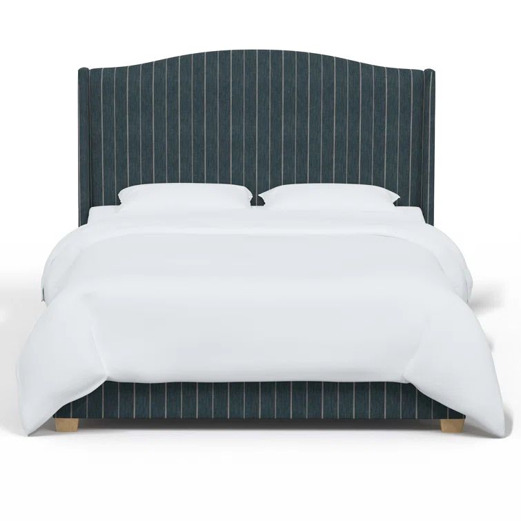 King Size Fritz Indigo Stripe Upholstered Wingback Bed