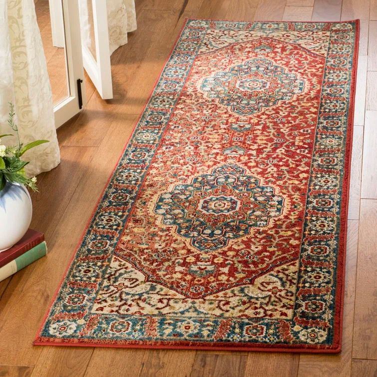 Red and Navy Hand-Knotted Synthetic Runner Rug
