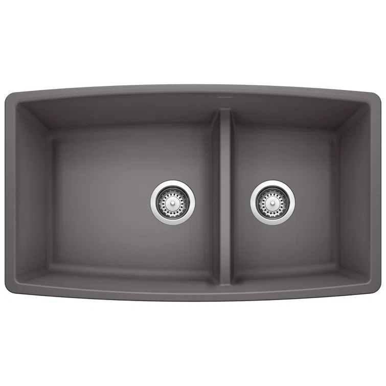Cinder Gray Granite Composite Double Bowl Drop-In Kitchen Sink, 33" x 19"
