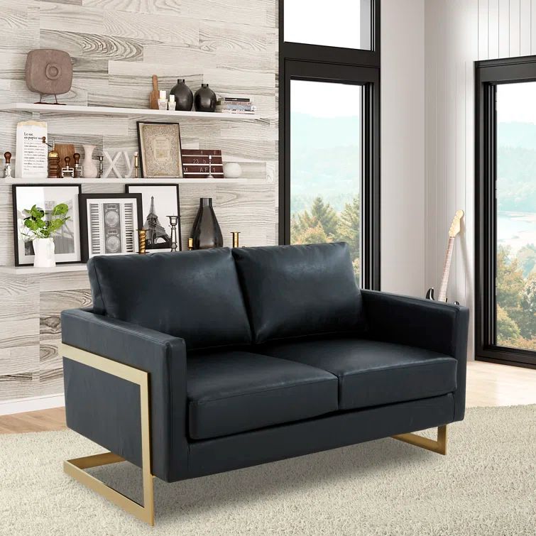 Linz 55'' Black Faux Leather Loveseat with Gold Metal Frame