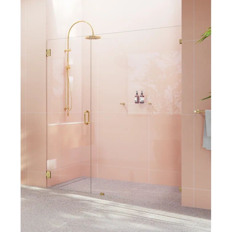 Illume 75.5 in x 78 in Frameless Polished Brass Shower Door with Clear Glass