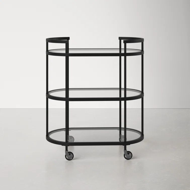 Blackened Bronze Oval Steel and Glass Bar Cart