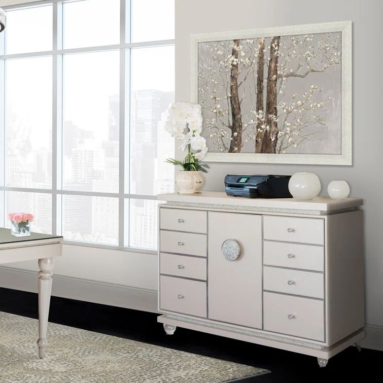 Ivory Double Dresser with Soft Close Drawers and Crystallized Facets