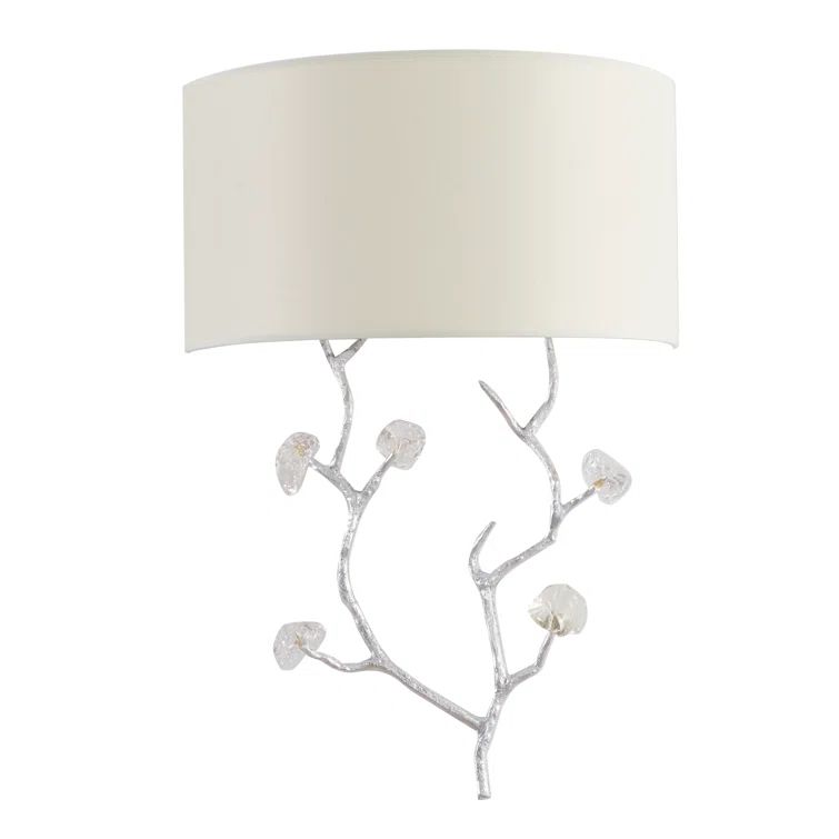 Silver Branch Wall Sconce with Clear Glass Petals and Off-White Shade
