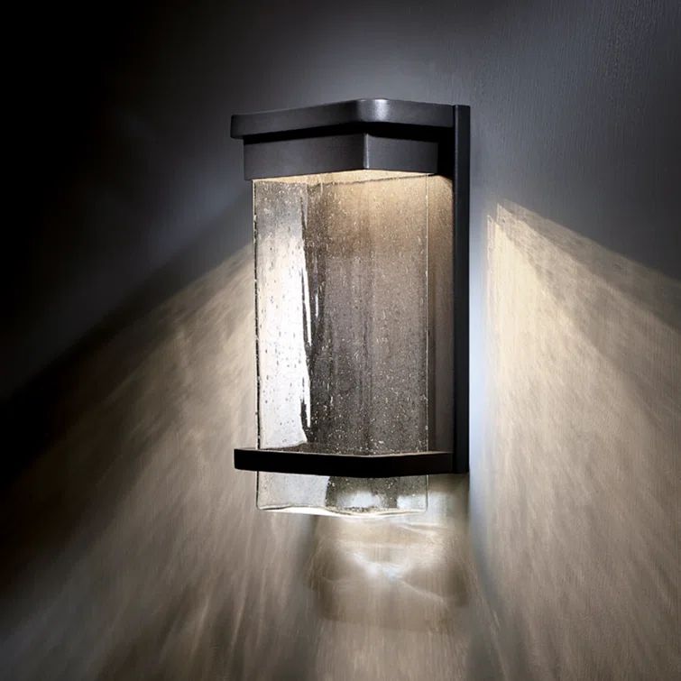 Black Aluminum LED Wall Light with Seeded Glass Shade