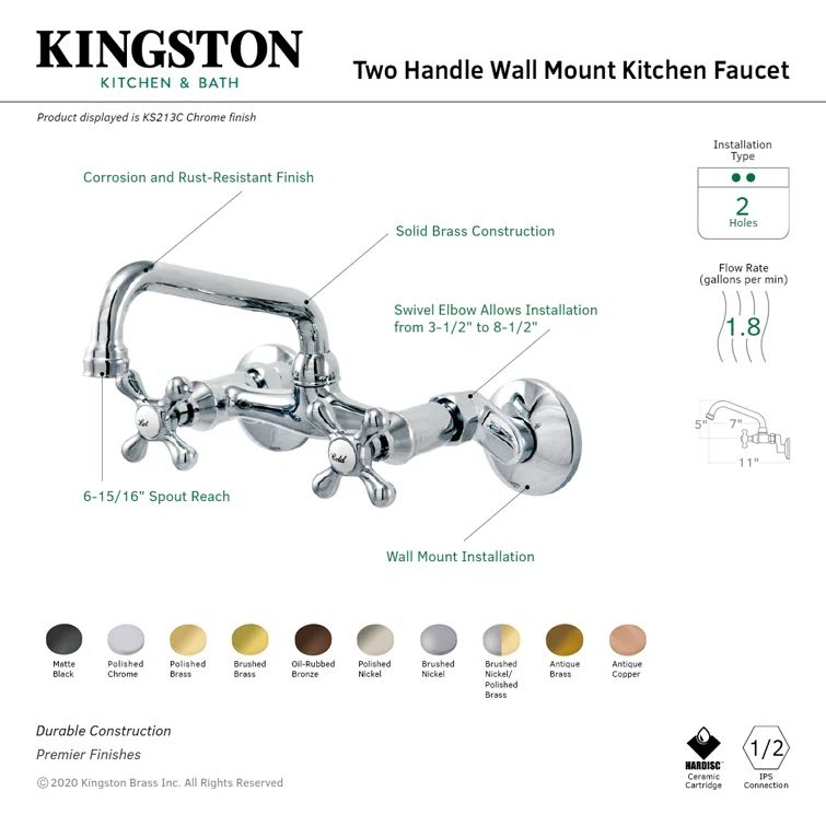 Polished Chrome Double-Handle Wall Mount Kitchen Faucet