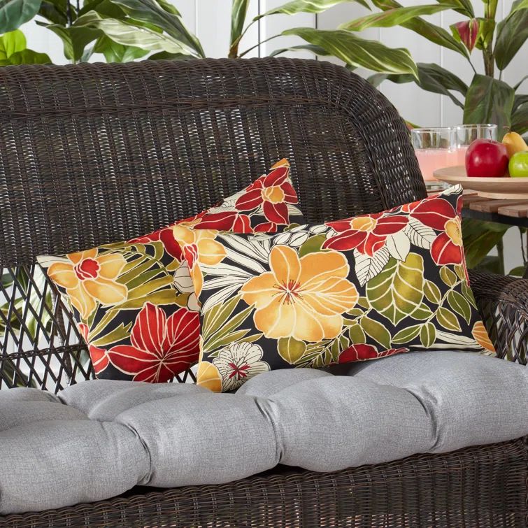 Aloha Black Floral Weather-Resistant 19x12 Outdoor Throw Pillow Set