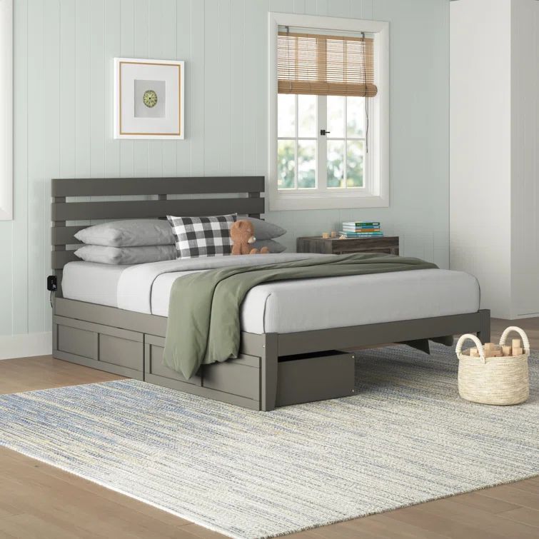 Gray Queen Upholstered Wood Frame Storage Platform Bed with Slats and Drawers