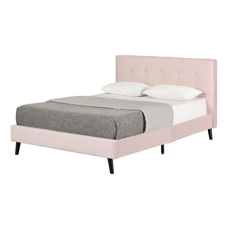 Regal Velvet Queen Platform Bed with Plush Upholstered Headboard, Pale Pink