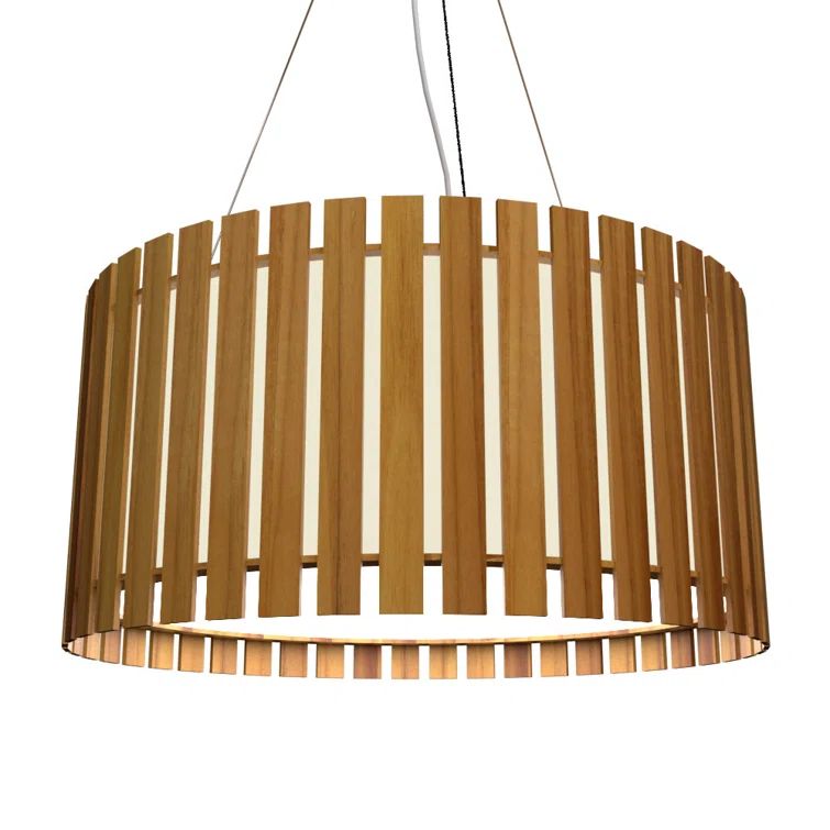 Teak and White Acrylic LED Drum Pendant Light