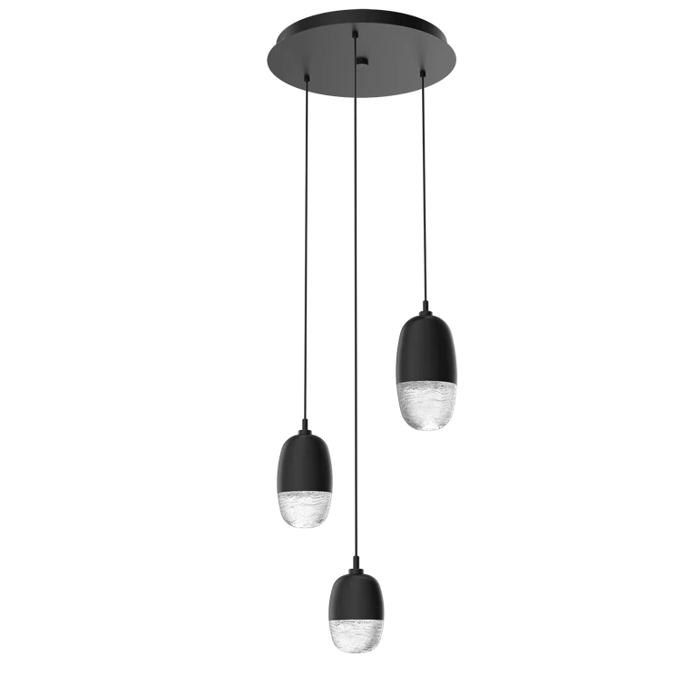 Pebble-Inspired Matte Black 3-Light LED Pendant with Textured Glass