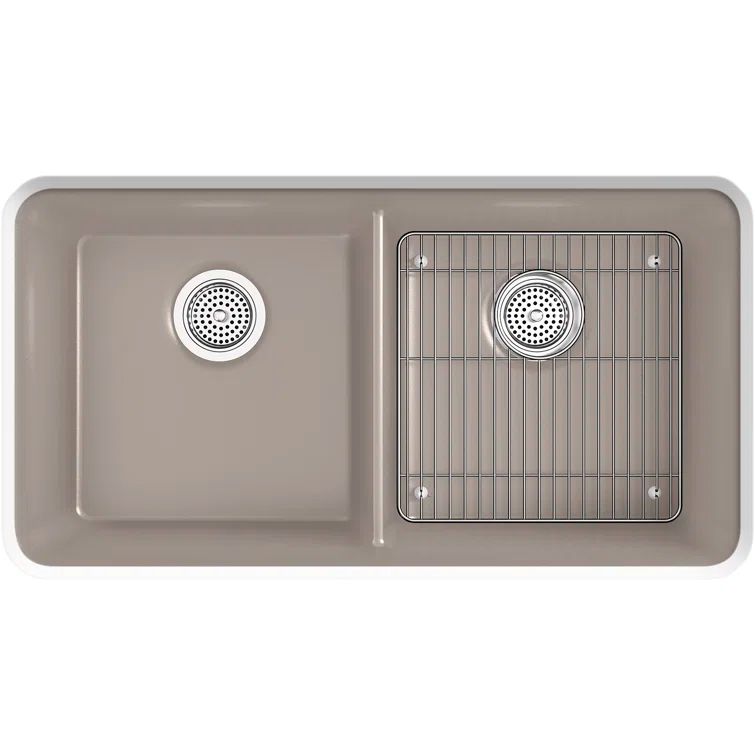 Matte Taupe Stone Double Bowl Kitchen Sink with Rack