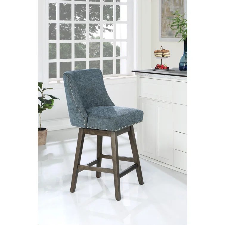 Granville Navy Fabric Swivel Counter Stool with Gray Wood Legs