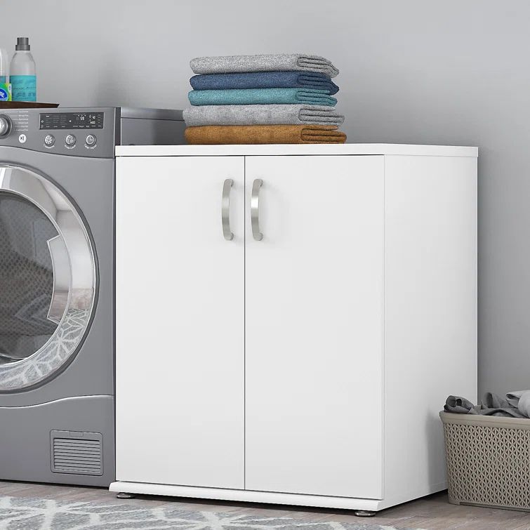 White Freestanding Laundry Room Storage Cabinet with Adjustable Shelving