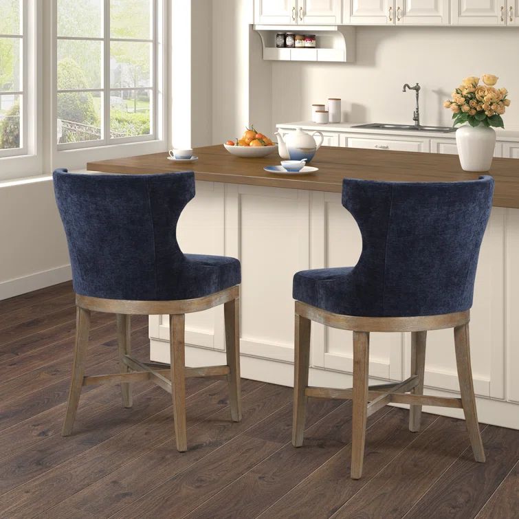 Navy Upholstered Swivel Counter Stool with Wood Frame