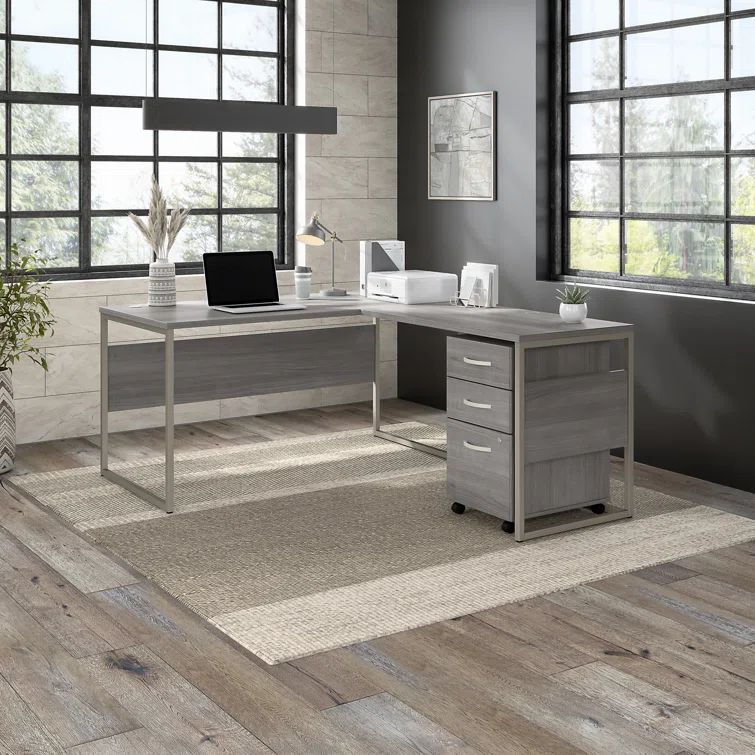 Platinum Gray Hybrid Corner Computer Desk with Filing Cabinet